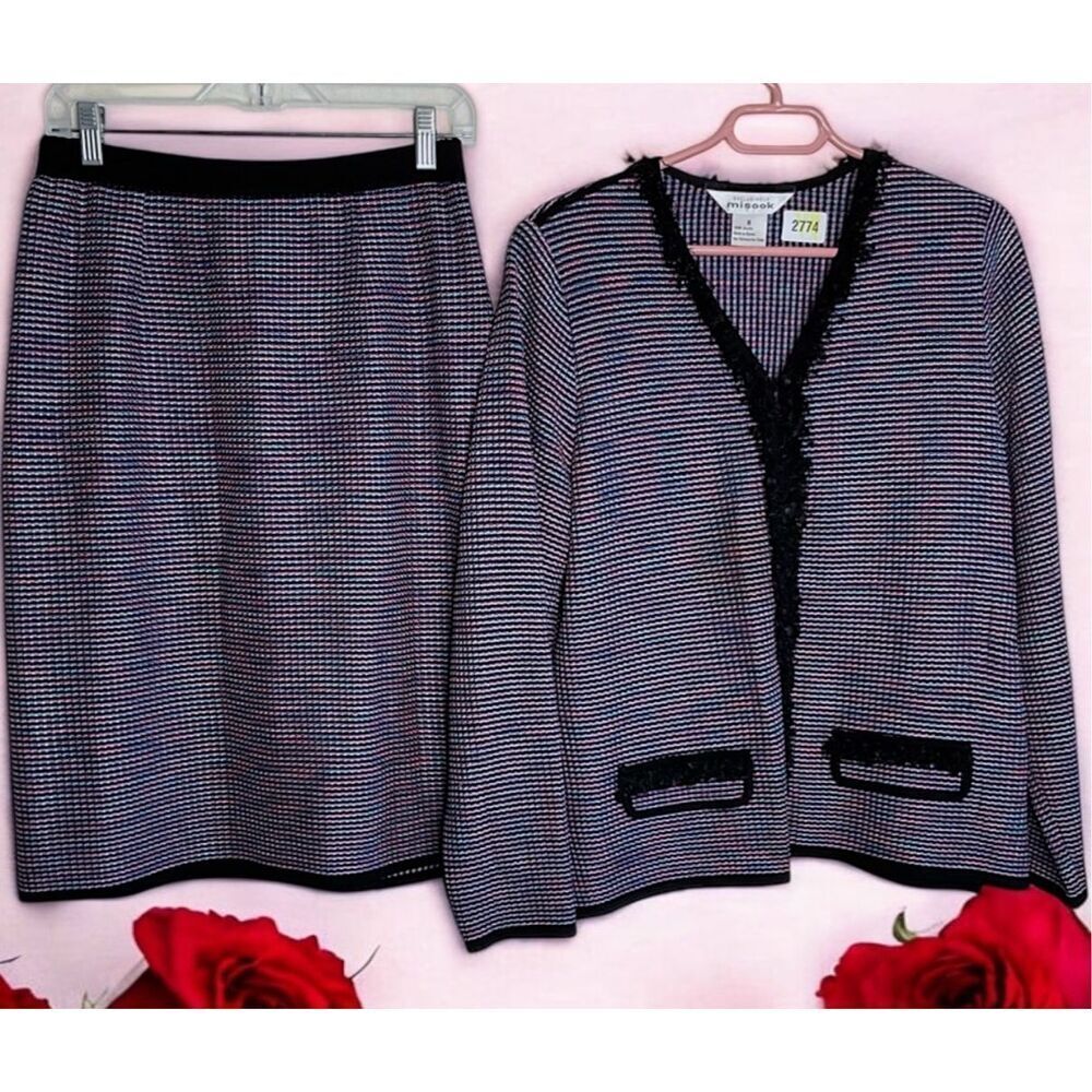 Misook Tweed Suit Womens Small 2piece Set Skirt Blazer Fringe Career Capsule
